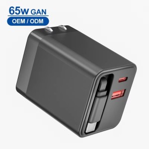 65W USB-C Retractable Cable Dual Port Electric Travel Charger (GaN3) PD Fast Charging Foldable Wall Charger for MacBook
