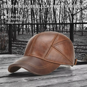 High Quality Winter Vintage Genuine Leather Baseball Cap for Men with Earflap Common Fabric Outdoor Use Metal Buckle Closure