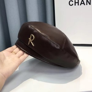 Wholesale Korean R Letter Beret Hat for Women Autumn-Winter French Retro Black Face Small Painter Hat Pu Leather for Women